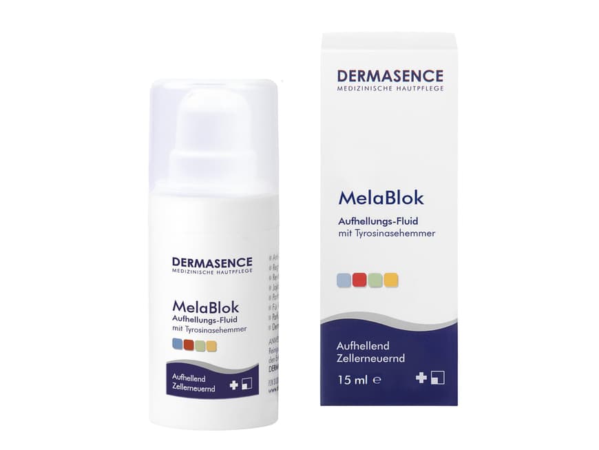 Intensivpflege mit Fruchtsäurekomplex und Süßholzwurzelextrakt. Hellt Pigmentflecken auf. MelaBlok. 22,50 Euro, Apotheke