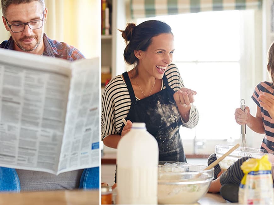 Vater und Tochter lesen gemeinsam Zeitung, Mutter und Tochter haben Spaß beim Backen