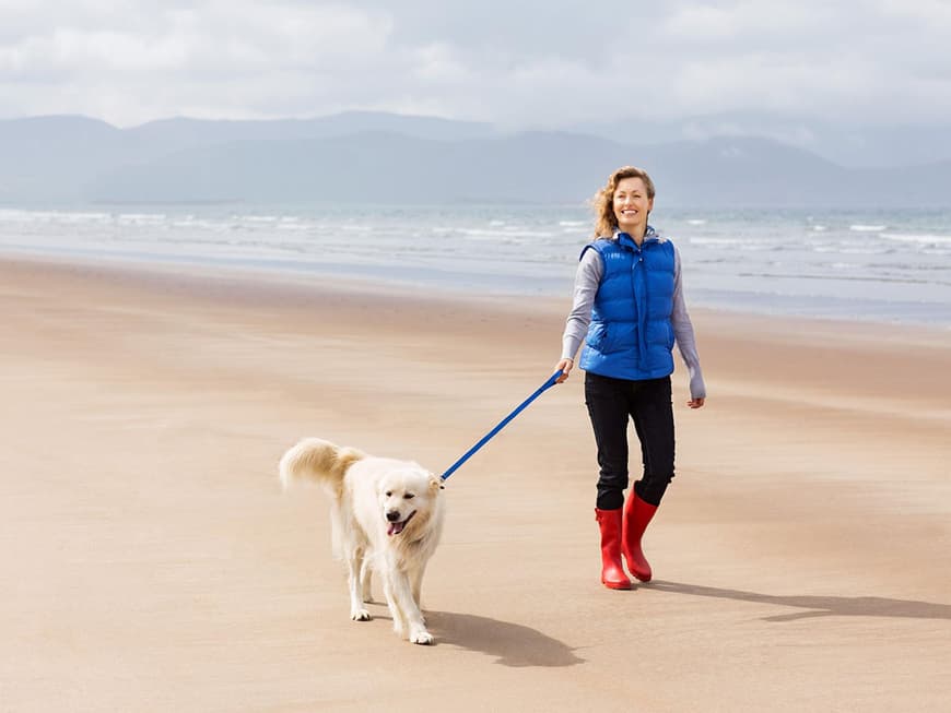 Frau geht mit Hund am Strand spazieren